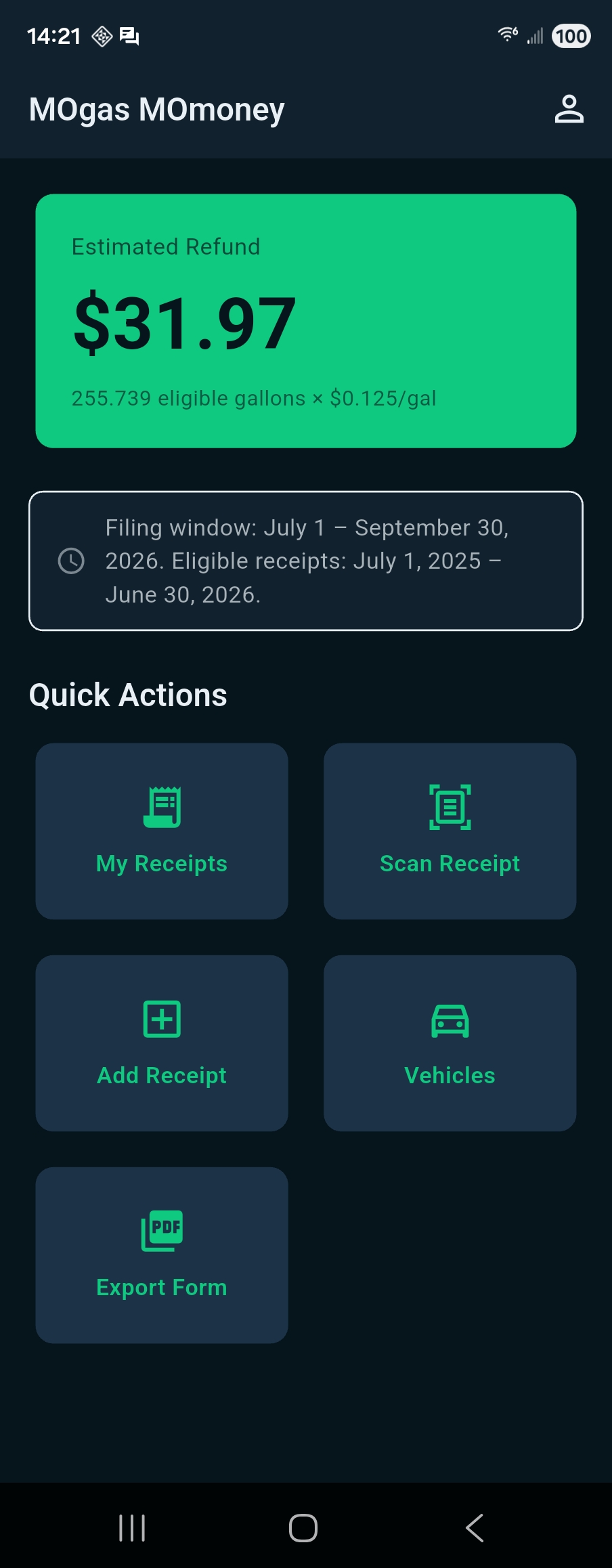 MOgas MOmoney home screen